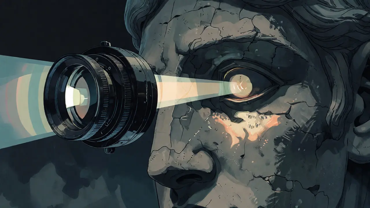 Lightweight lens focusing on a massive stone statue, symbolizing LoRA efficiency.