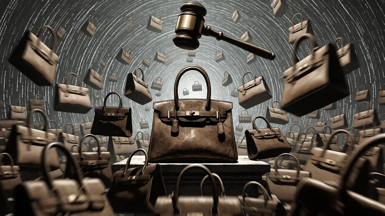 Luxury handbag overwhelmed by AI copies under a hanging gavel in Gekiga style.
