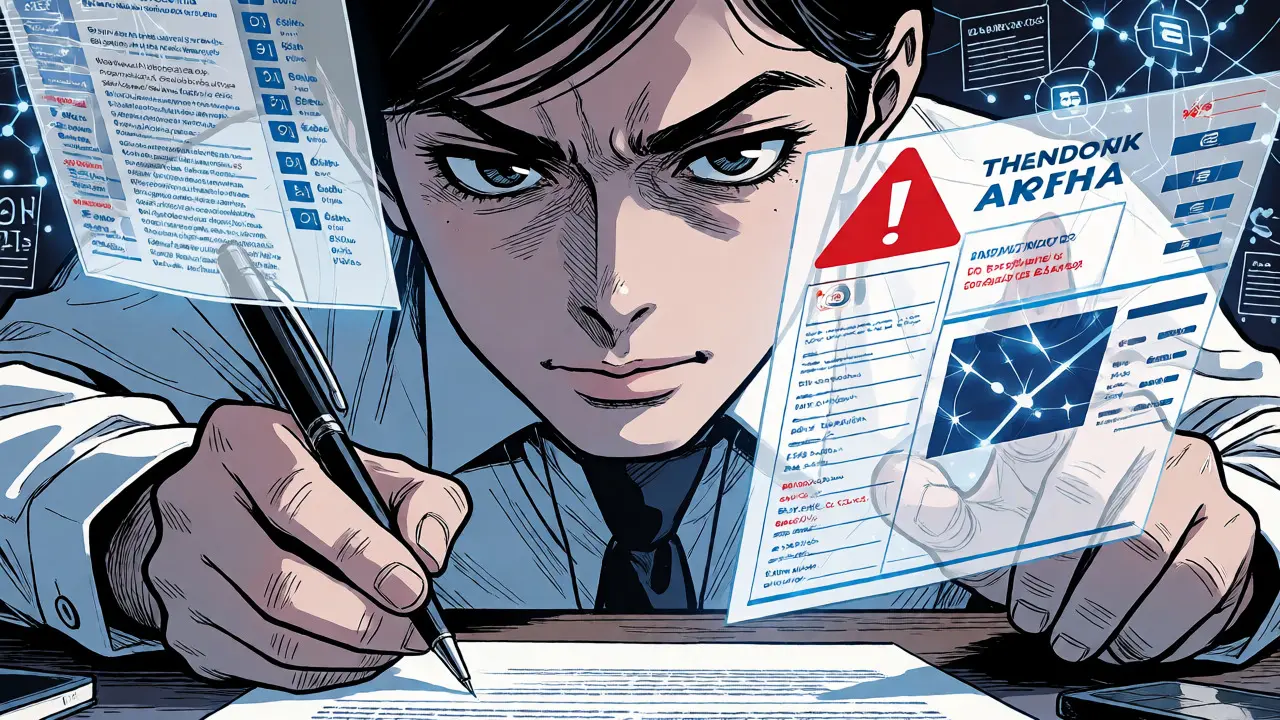 Marketer reviewing AI trademark warnings with holographic displays in Gekiga style.