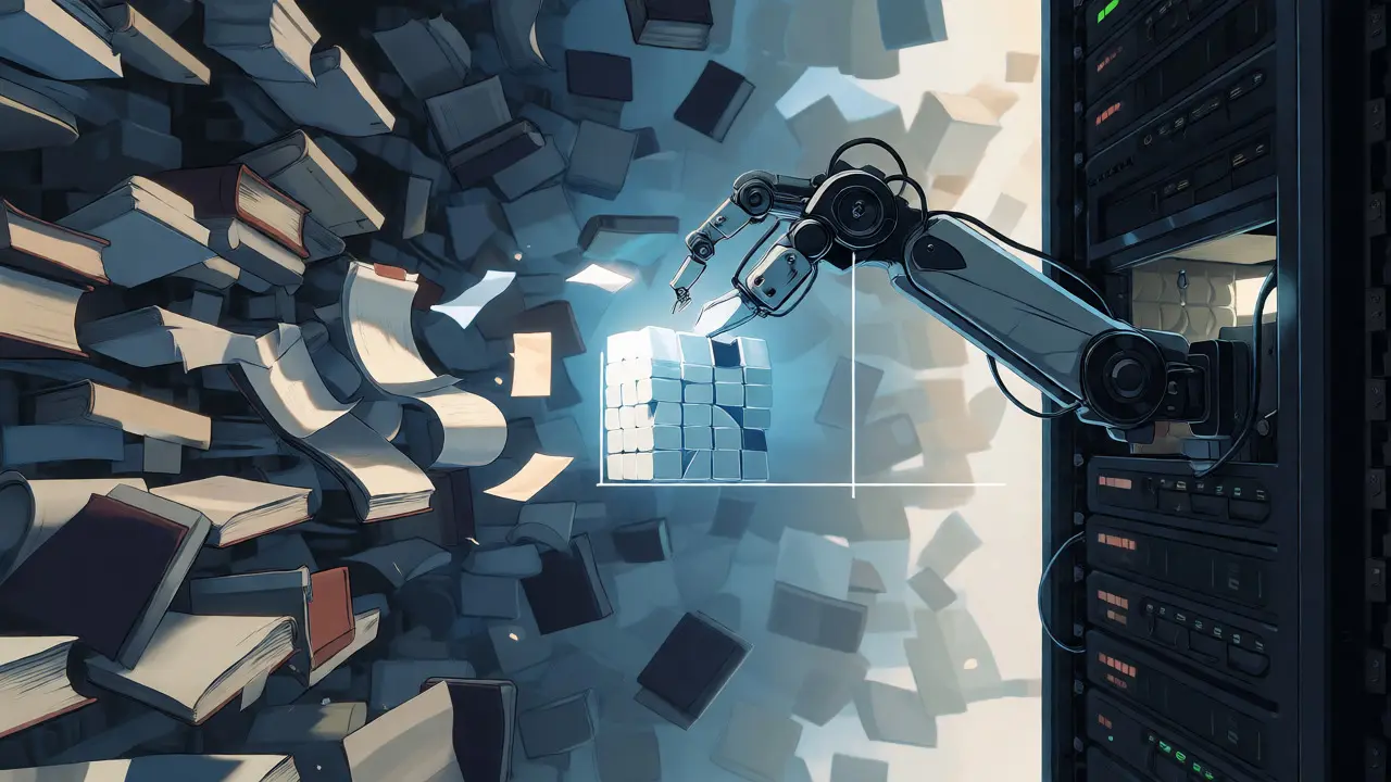 Mechanical arm precisely selecting relevant data chunks for efficient AI processing.