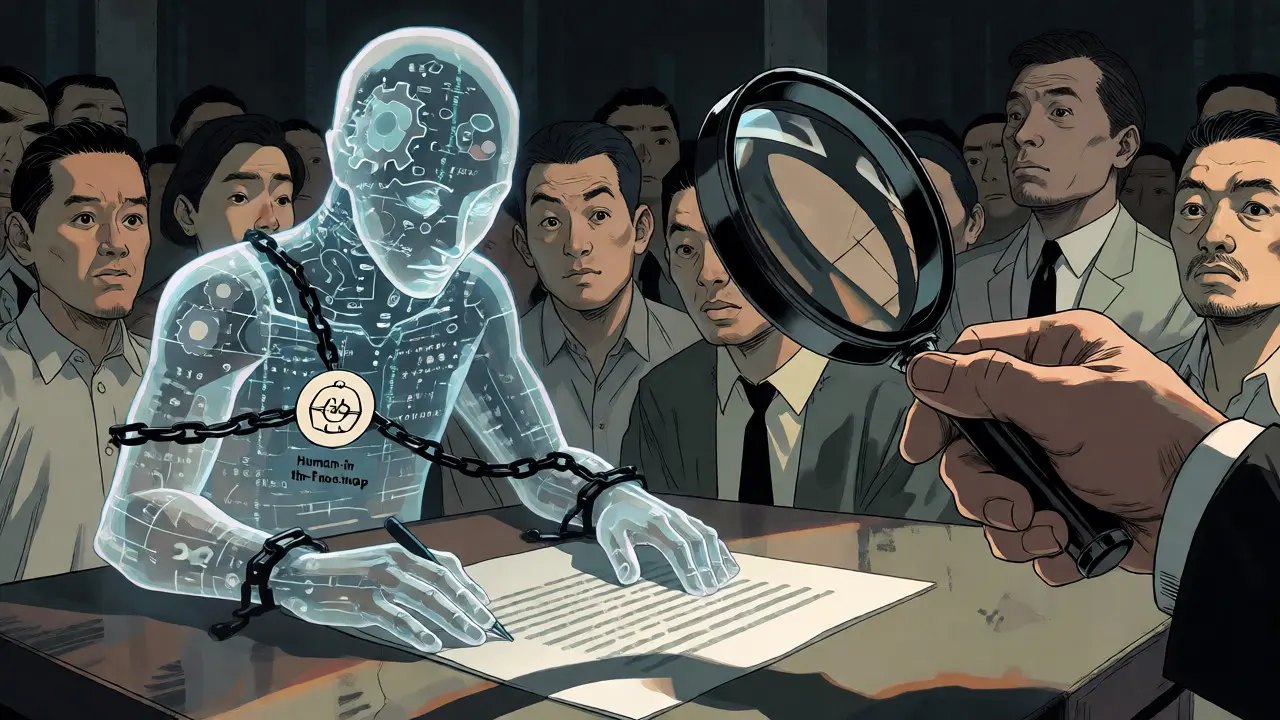 Official inspecting an AI figure bound by accountability chains
