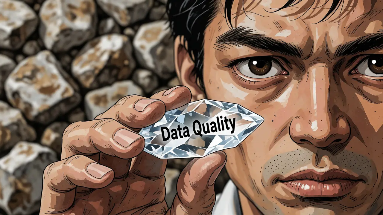 Researcher holding a pure data crystal amidst noisy, rocky debris.
