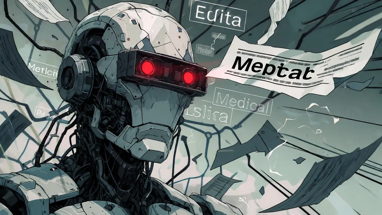 Robot with intense red eyes ignoring context during Attention Collapse.
