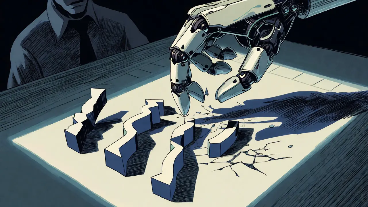 Robotic hand clumsily assembling multilingual code fragments