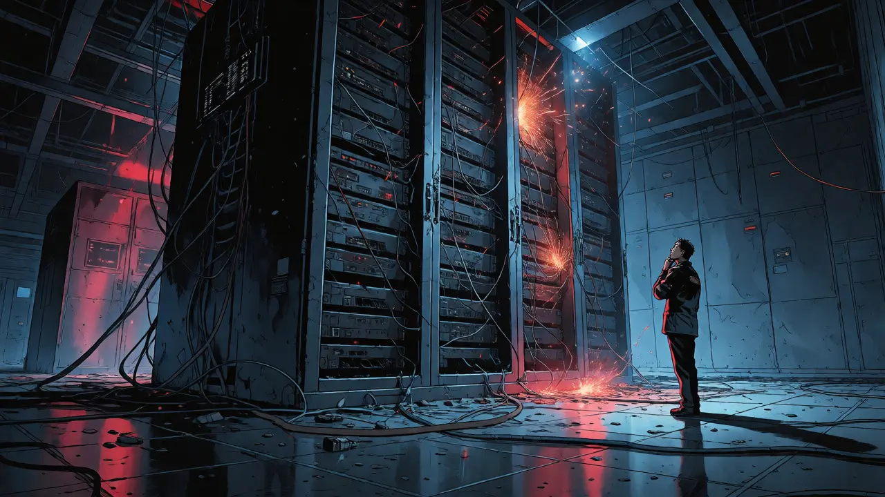 Senior engineer facing a looming server rack in a moody, futuristic data center after an AI incident.