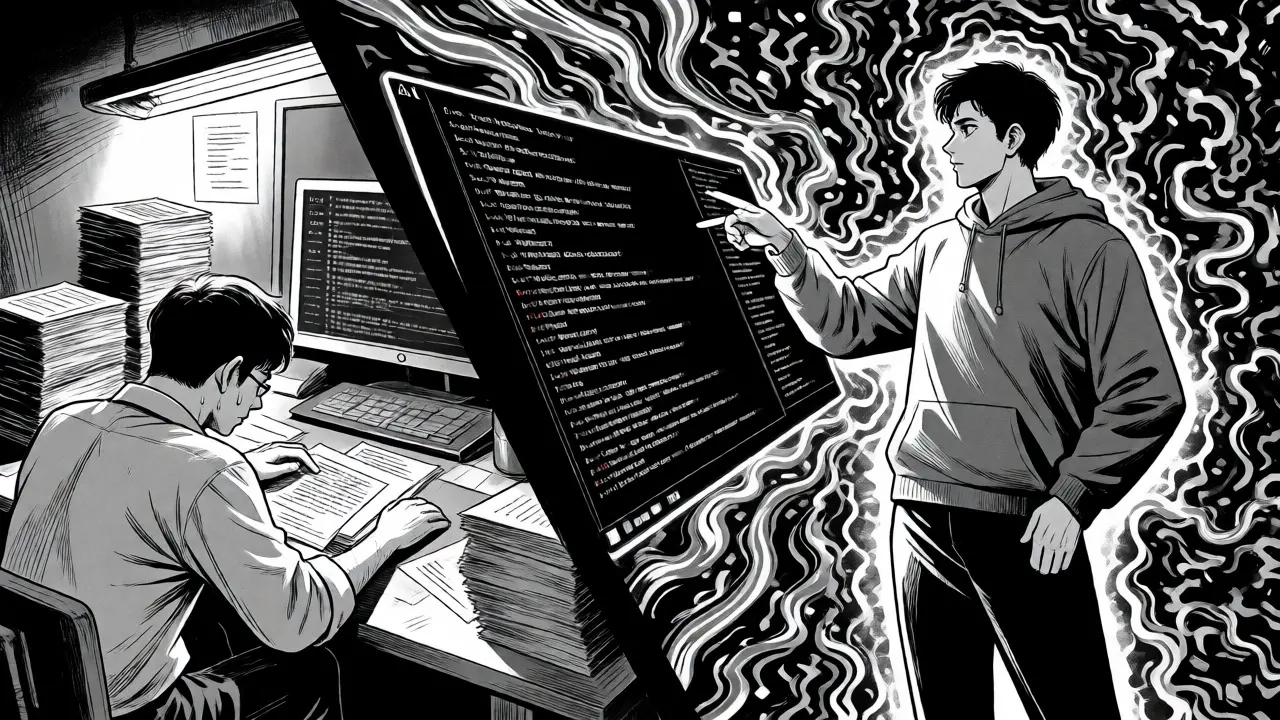 Split scene contrasting a stressed traditional coder with a confident vibe coder generating AI code.