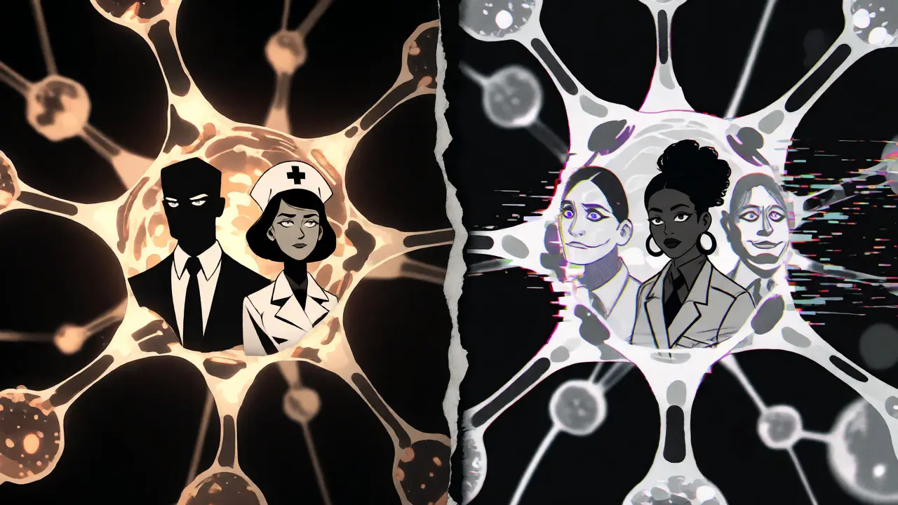 Split-screen Gekiga art contrasting stereotypical AI outputs with underrepresented ghosts.