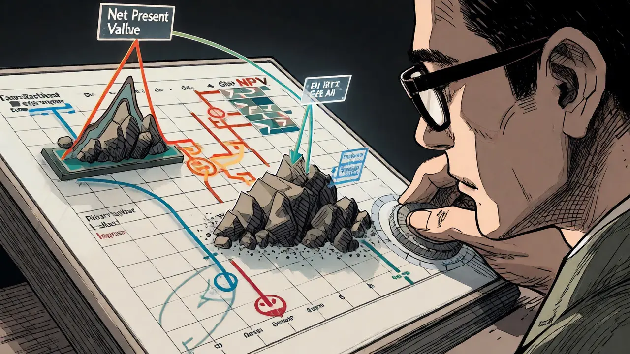 Strategist analyzing NPV models and regulatory risks on a holographic map