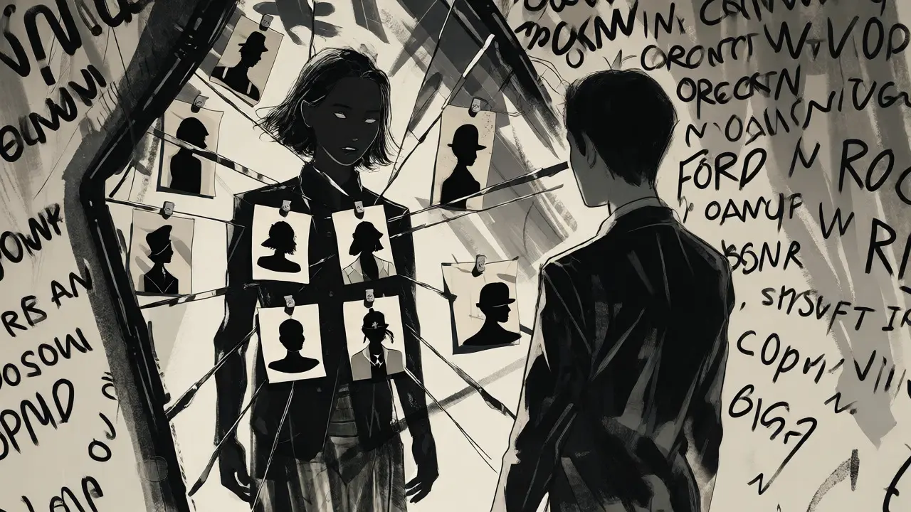 Surreal Gekiga illustration of a person trapped by stereotypical occupational labels.