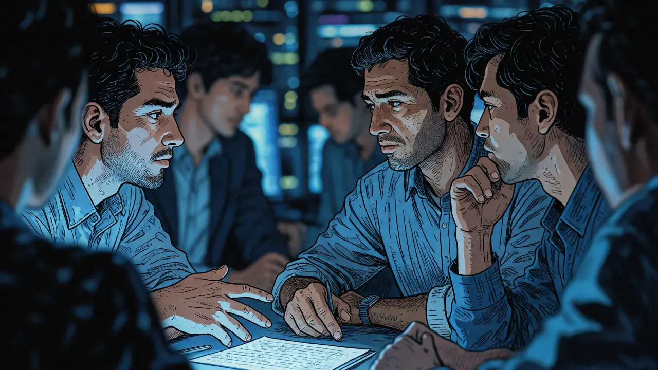 Team discussing secure AI development culture in dim office