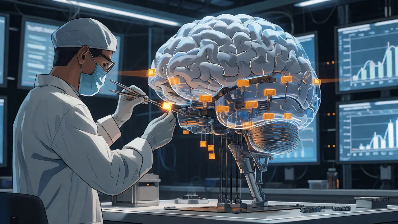 Technician surgically inserting LoRA adapters into AI brain structure.