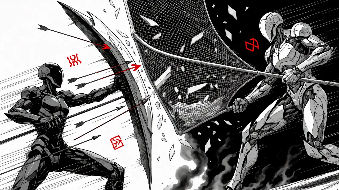 Two guardians filtering input arrows and output debris in Gekiga manga style.