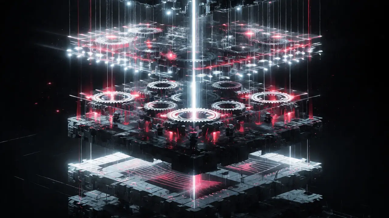 Vertical stack of luminous layers showing the transformer block architecture processing data.