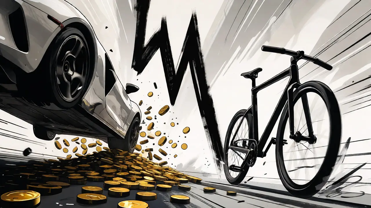 Visual metaphor of falling AI prices with crashing cars and speeding bikes